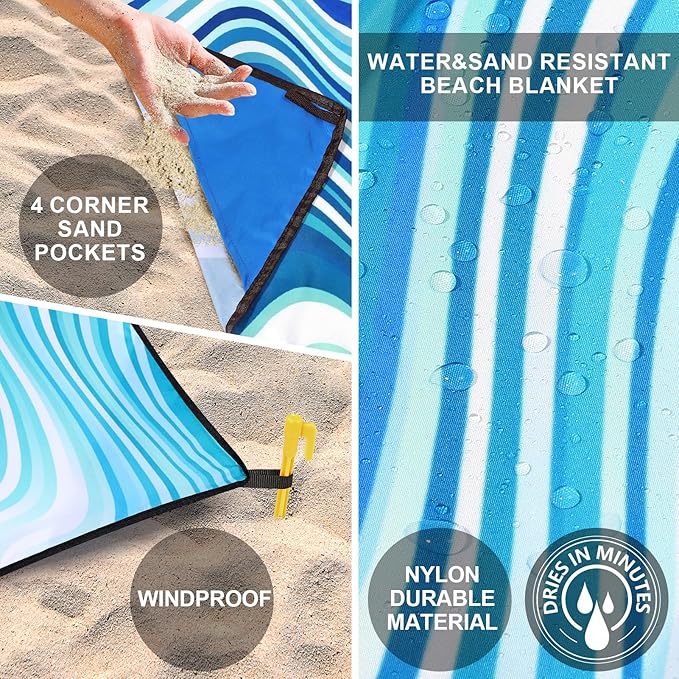 WIWIGO Beach Blanket Waterproof Sandproof Beach Mat 79" X 83"/10'x9'for 2-8 Adults Quick Drying Outdoor Picnic Mat Beach Accessories for Travel, Camping, Hiking - Image 3