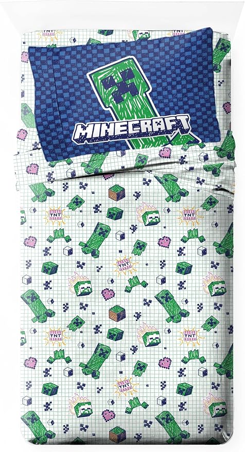 Jay Franco Kids Sheet Set with Fitted, Flat Sheets & Pillow Cover - Ultra-Soft Bedding with Pillowcase for Room Decor, Multi - Minecraft, 3 Piece Twin by JayFranco