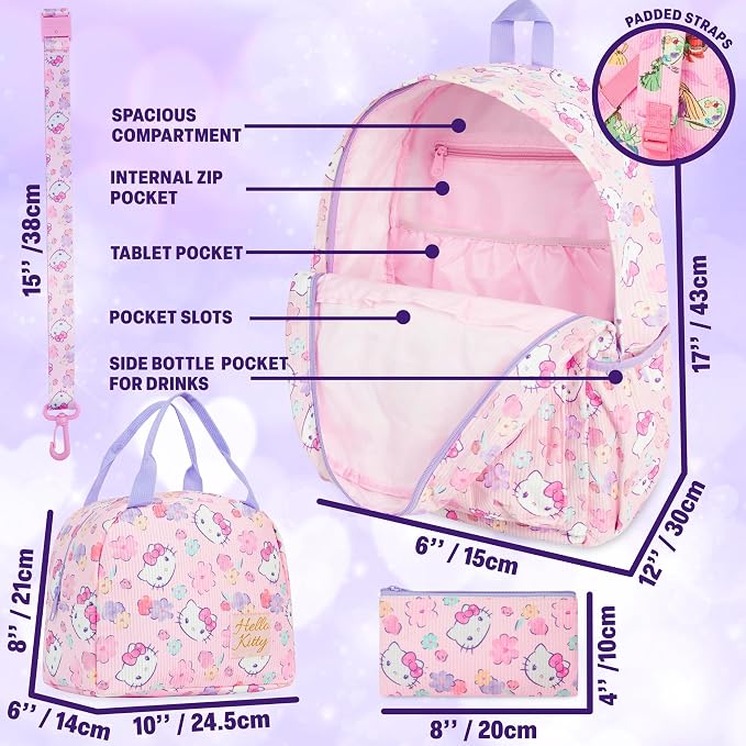 Get Trend Hello Kitty Girls Corduroy Backpack 4 Piece Set | 17 inch Bookbag with Laptop Pocket, Insulated Lunch Bag, Zipped Pencil Case & Lanyard, Back to School Kawaii Gifts for Girls - Image 3