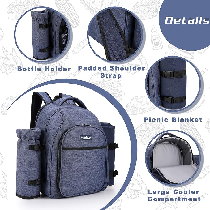 Apollo Walker Picnic Backpack Bag for 2 Person with Cooler Compartment, Detachable Bottle/Wine Holder, Fleece Blanket, Plates and Cutlery Set (2 Person, Navy) - Image 5