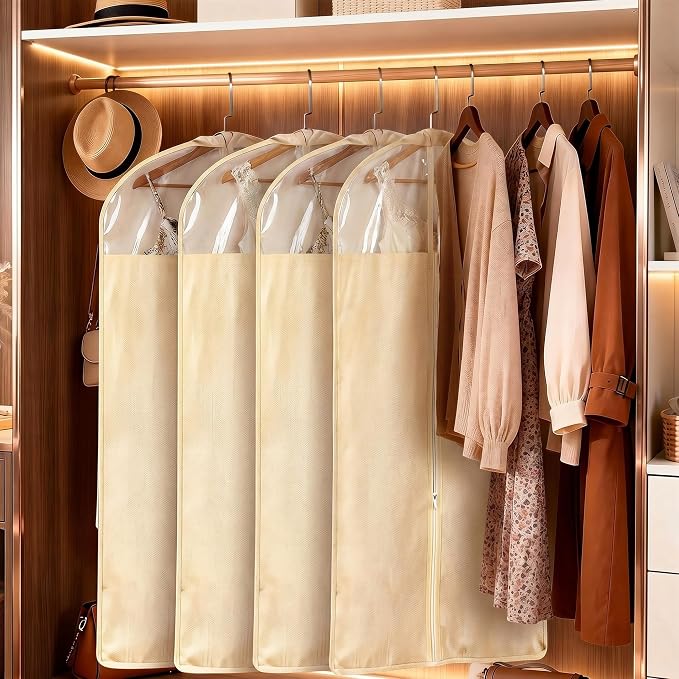 4 Pack 24 x 60 Inches Cotton Garment Bags for Hanging Clothes, Breathable Garment Bags for Long Dress, Fur Coat, Jacket, Gown, Suit, Garments Covers with Clear Window - Image 7