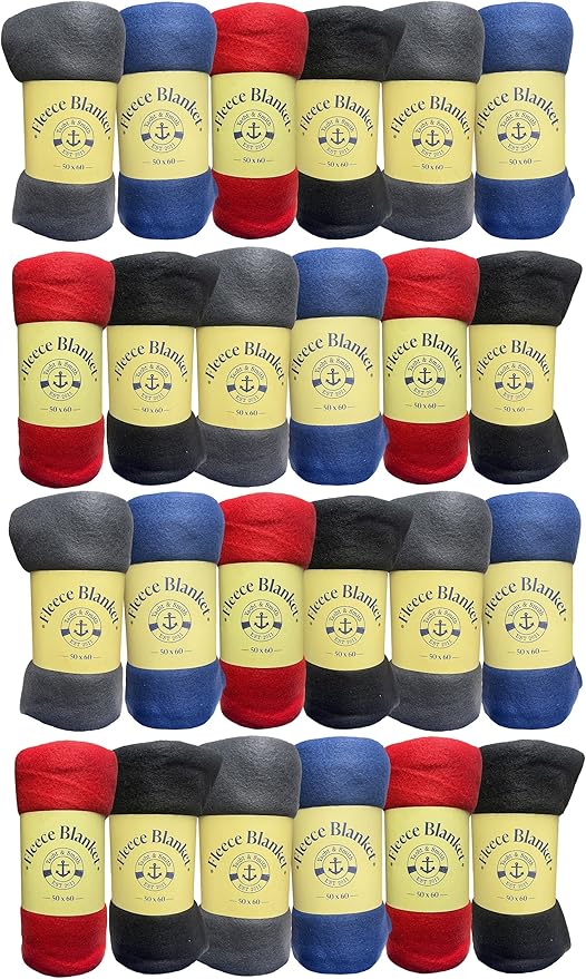Yacht & Smith 24 Pack of Soft Fleece Blankets 50 X 60, Lightweight, Cozy Warm Throws Dark Colorful Blanket Sofa Travel Outdoor, Wholesale