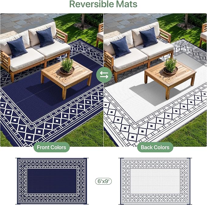 GENIMO Outdoor Rug Waterproof for Patio Decor, 6'x9' Foldable Reversible Plastic Straw Carpet for Travel Trailers, Outside Area Mat for Rv, Deck, Picnic, Porch, Camper, Balcony, Beach, Blue & White | Outside Larger Modern Carpet Mat for Porch Decor, De... - Image 4
