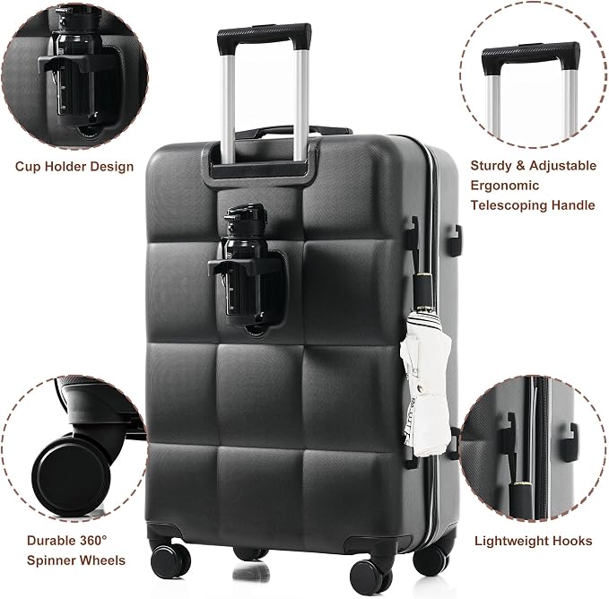 Hardshell Luggage Sets, Lightweight Stripes Suitcases with Spinner Wheels, Black Black - Image 3
