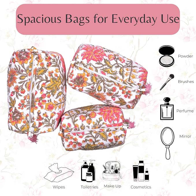 Quilted Floral Block Print Makeup Bag Set of 3 – Cotton Travel Toiletry and Makeup Organizer, Cosmetic Pouch, Toiletry Bag for Women, Cute Boho Coquette Make Up Bags for Women (Small, Medium, Large) - Image 3