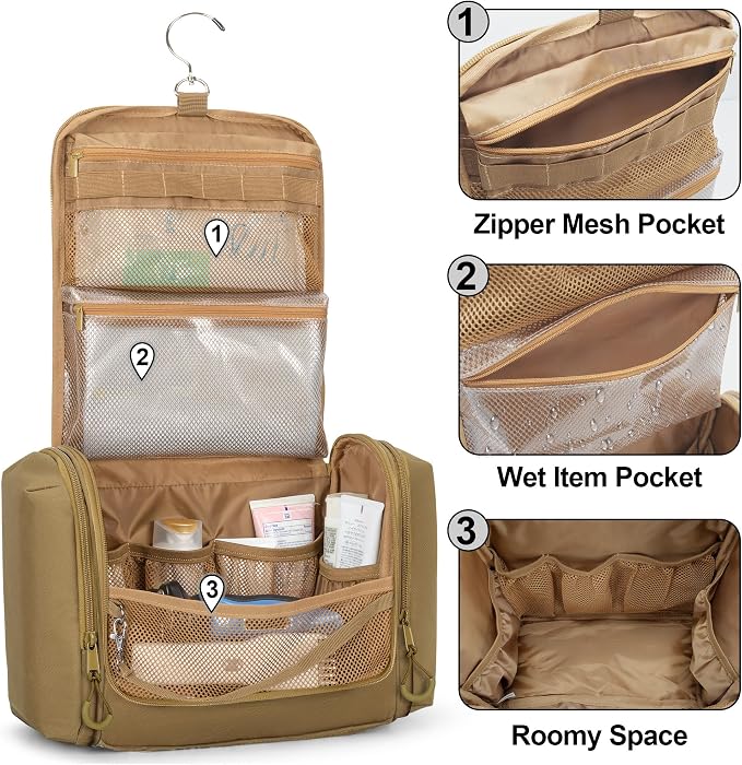 Tactical Toiletry Travel Bag for Men, Hanging Dopp Kit Hygiene Bag Shower Organizer with Hook for Toiletries and Shaving Care, Khaki (Empty Bag) - Image 2