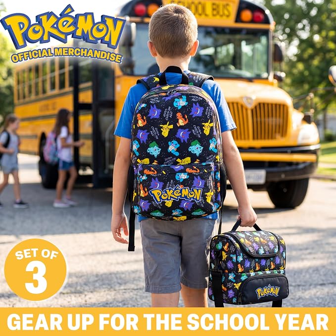Get Trend Pokemon Boys Backpack, Lunch Bag & Pencil Case, 3 Piece Set | 18 inch Bookbag, Adjustable Padded Straps, Insulated Lunch Bag, Pencil Pouch, School Supplies, Pikachu Gamer Gifts for Boys - Image 2