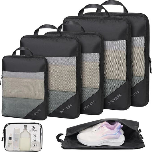 PFEYRPK Lightweight Compression Packing Cubes for Suitcases, Compressible Expandable Travel Packing Organizer with Clear Toiletries and Backpack Bag, Travel Essentials for Carry on Luggage 7 Set by PFEYRPK