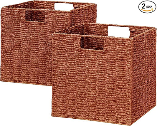 Vagusicc Wicker Storage Basket, Set of 2 Hand-Woven Paper Rope Wicker Basket, Foldable Cube Storage Bins, Square Large Storage Baskets for Organizing Shelves & Decor, Orange (13″×13″×13″) by Vagusicc