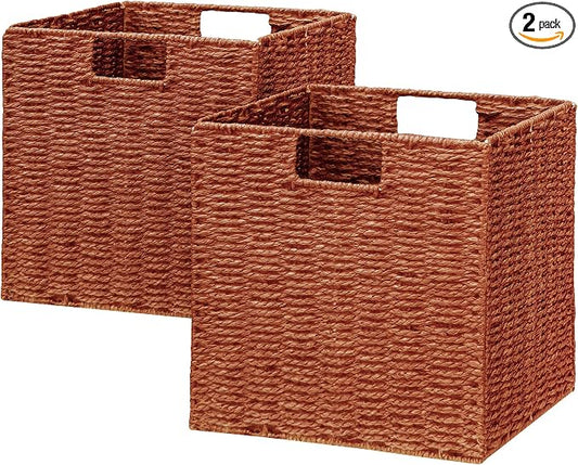 Vagusicc Wicker Storage Basket, Set of 2 Hand-Woven Paper Rope Wicker Basket, Foldable Cube Storage Bins, Square Large Storage Baskets for Organizing Shelves & Decor, Orange (13″×13″×13″) by Vagusicc