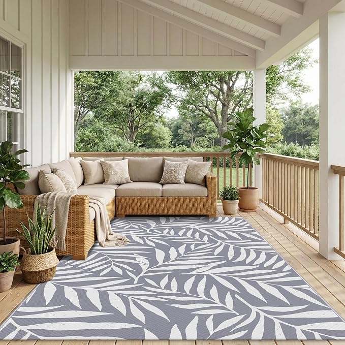 Smiry Outdoor Rug 5x8 ft, Waterproof Reversible Plastic Straw Rugs, Outdoor Area Rug with Leaf Pattern, Outside Floor Mat for Patio, Backyard, Deck, Picnic, Beach, Camping, Grey & White - Image 6