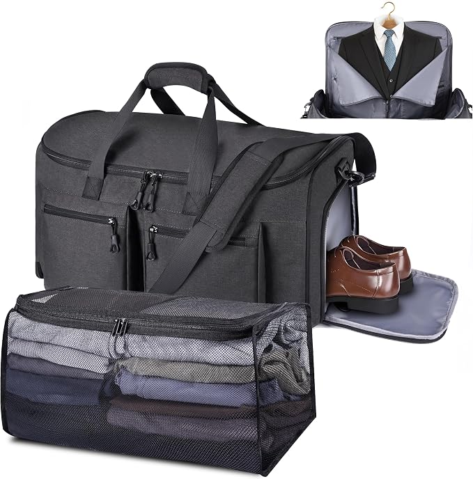 HILOMON Convertible Duffle Bags for Travel Carry On Suit Duffle Bags with Shoulder Strap 2 in 1 Hanging Garment Duffle Bag for Men Women (Black Mesh Storage) by HILOMON
