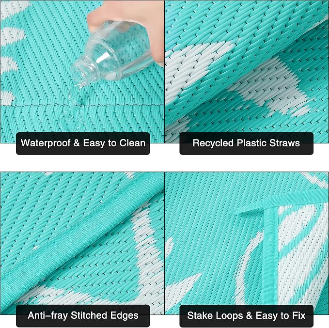 PureCozy Outdoor Plastic Straw Rug Leaf Waterproof Teal Blue Outside Patio 6x9 Carpet Tropical Reversible Mat Washable Large for Camping RV Porch Deck Balcony Beach - Image 7