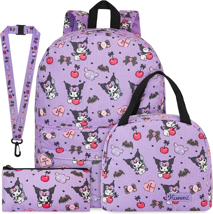 Get Trend Kuromi Girls Corduroy Backpack 4 Piece Set | 17 inch Bookbag with Laptop Pocket, Insulated Lunch Bag, Zipped Pencil Case & Lanyard, Back to School Kawaii Gifts for Girls by GetTrend