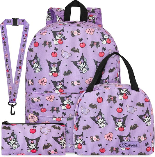 Get Trend Kuromi Girls Corduroy Backpack 4 Piece Set | 17 inch Bookbag with Laptop Pocket, Insulated Lunch Bag, Zipped Pencil Case & Lanyard, Back to School Kawaii Gifts for Girls by GetTrend