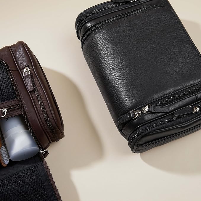Leatherology Black Onyx Hanging Toiletry Kit – Full Grain Leather Travel Organizer with Hanger and Multiple Storage Compartments - Image 3