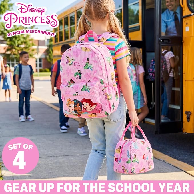 Get Trend Disney Princess Girls Corduroy Backpack 4 Piece Set | 17 inch Bookbag with Laptop Pocket, Insulated Lunch Bag, Pencil Case & Lanyard, Back to School Gifts for Girls - Image 2