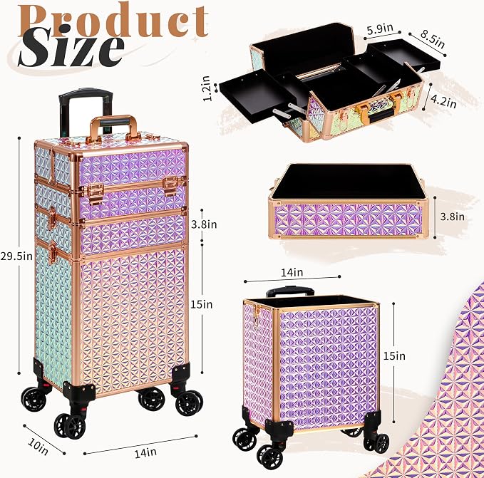Rolling Makeup Train Case Cosmetology Case on Wheels, Colorful | Large Cosmetic Trolley Organizer with Keys Salon Barber Case Traveling Cart Trunk for Artist Hairstylists Nail Tech - Image 2