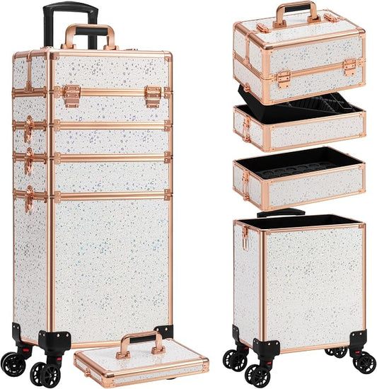 AROUS Rolling Makeup Train Case 5 in 1 Cosmetology Case on Wheels Large Cosmetic Organizer Travel Cart for Hairstylist Artist Nail Beauty Salon Barber,White by Unknown