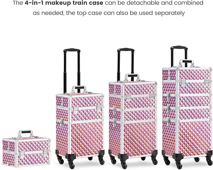 Yaheetech 4 in 1 Rolling Makeup Train Case, Glitter Pink Cosmetology Cart | Extra large diamond-finish aluminum train case with a lock, detachable tiers, and accordion trays keeping makeup organized - Image 3