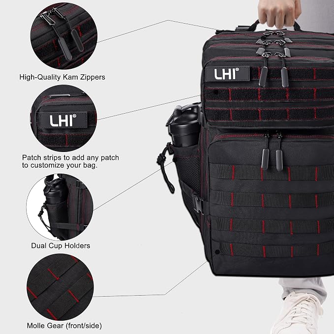LHI Military Tactical Backpack for Men and Women 45L Army 3 Days Assault Pack Bag Large Rucksack with Shoe Compartment - Black red line - Image 5