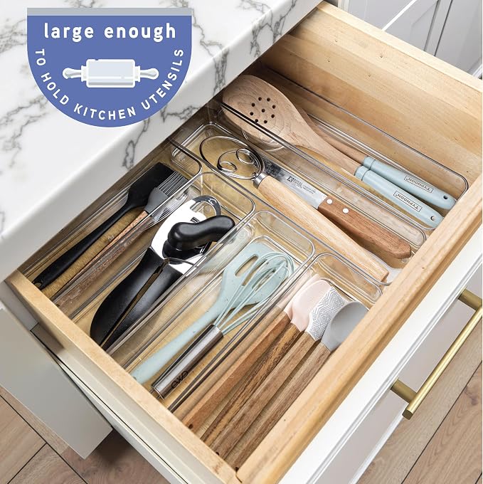 primebox Six Pcs. Plastic Clear Drawer Organizers. Stackable Storage Trays for Kitchen Utensils and Silverware. 2 Sizes. Stackable - Image 2