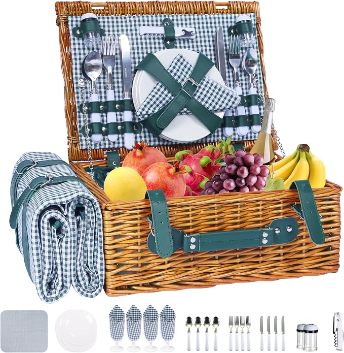 Picnic Basket Set for 4 with Waterproof Blanket Mat Insulation Bag Wicker Green Plaid Classic Cottagecore Gift for Christmas Thanksgiving Wedding Birthday Camp Outdoor Beach Travel by YPshuye