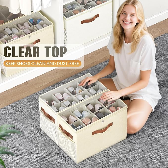 2 Pack Shoe Organizer for Closet, Foldable Shoe Storage with Adjustable | Farbic shoe storage organizer box bin with clear cover, fits up to 16 pairs, shoe storage box for closet, entryway, yellow - Image 4