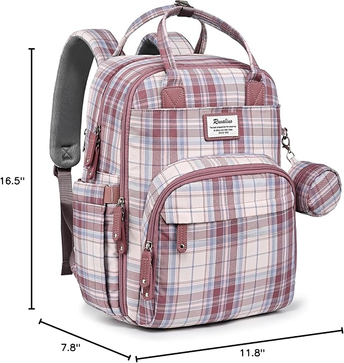 RUVALINO Diaper Bag Backpack, Multifunction Travel Pack Maternity Baby Changing Bags, Large Capacity, Waterproof, Pink Plaid - Image 8