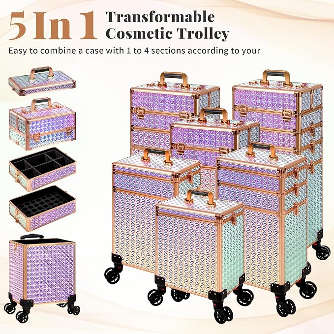 AROUS 5 in 1 Rolling Makeup Train Case with Lid Cosmetology Case on Wheels | Large Cosmetic Trolley Organizer with Keys Salon Barber Case Traveling Cart Trunk for Artist Hairstylists Nail Tech, Colorful - Image 2