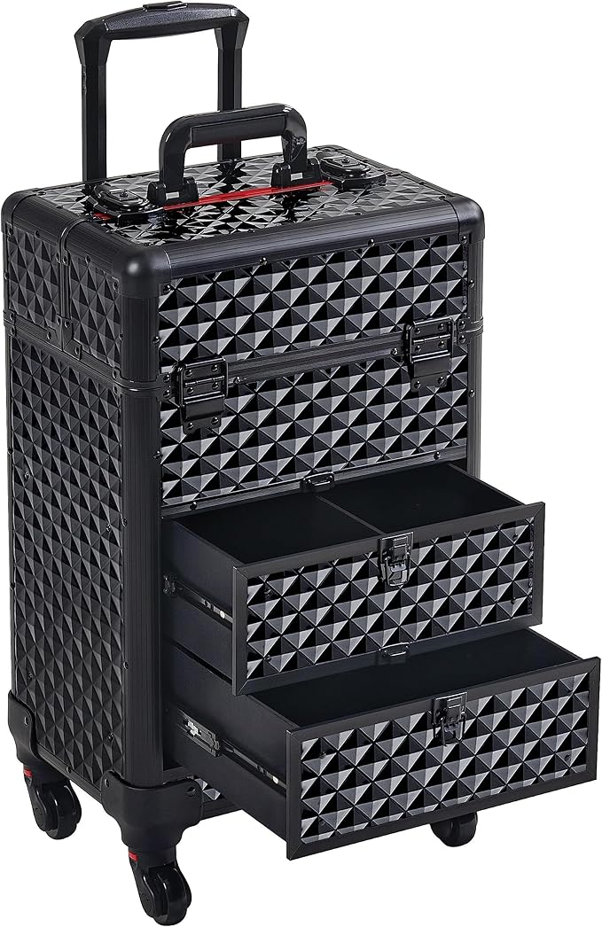 Yaheetech Rolling Makeup Train Case with 2 Drawers Nail Cart Beauty Trolley | Sturdy ABS & aluminum tattoo cart organizes cosmetic supplies in side trays & 2 drawers, rolls smoothly & lockable for travel by Yaheetech