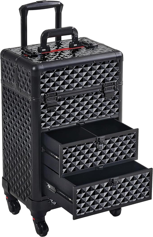 Yaheetech Rolling Makeup Train Case with 2 Drawers Nail Cart Beauty Trolley | Sturdy ABS & aluminum tattoo cart organizes cosmetic supplies in side trays & 2 drawers, rolls smoothly & lockable for travel by Yaheetech