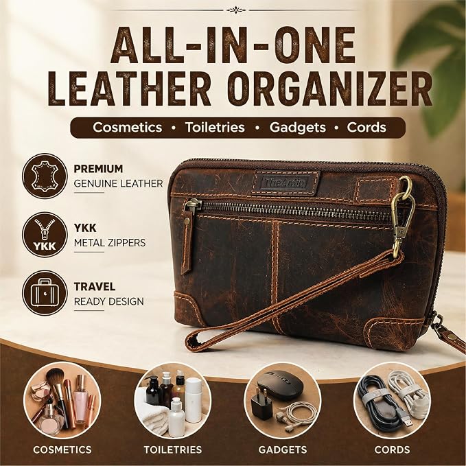 Genuine Leather Makeup Bag Travel Organizer, Premium Handcrafted Cosmetic Pouch with Zipper & Wrist Strap, Durable Toiletry Storage for Women & Men, 5 x 9- Brown - Image 2