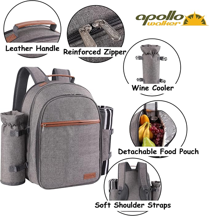 Apollo Walker Picnic Backpack Set for 2 Person with Cooler Compartment, Detachable Bottle/Wine Holder, Fleece Blanket, Plates and Cutlery Set - Image 4