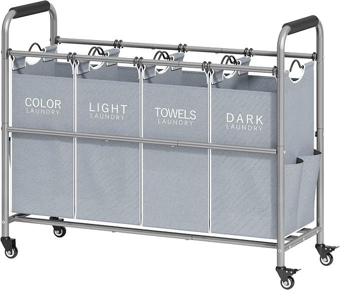 Tajsoon 4 Bag Laundry Sorter Cart, 4 Section Laundry Hamper Sorter with Heavy Duty Lockable Rolling Wheels, Laundry Separator Hamper with Removable Bags for Dirty Clothes Storage, Grey & White by Tajsoon