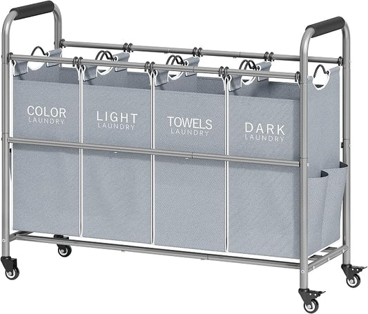 Tajsoon 4 Bag Laundry Sorter Cart, 4 Section Laundry Hamper Sorter with Heavy Duty Lockable Rolling Wheels, Laundry Separator Hamper with Removable Bags for Dirty Clothes Storage, Grey & White by Tajsoon