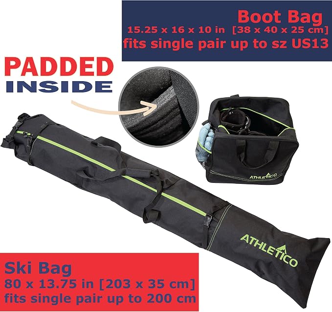 Athletico Ski & Boot Bag Combo | Store Skis Up to 200 CM & Boots Up To Size 13 | Includes 2 Padded Bags - Image 2