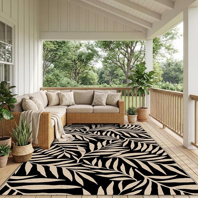 Smiry Outdoor Rug 5x8 ft, Waterproof Reversible Plastic Straw Rugs, Outdoor Area Rug with Leaf Pattern, Outside Floor Mat for Patio, Backyard, Deck, Picnic, Beach, Camping, Black & Beige - Image 6
