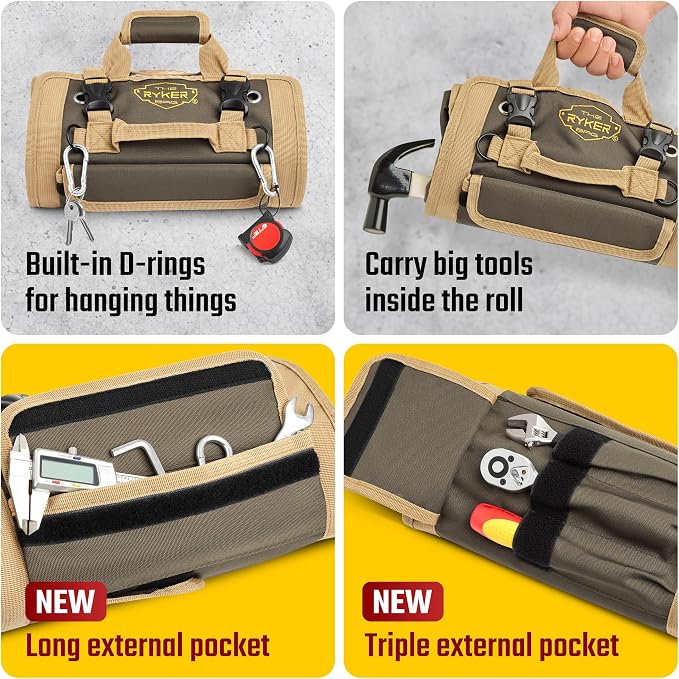 Ryker Original Heavy Duty Tool Roll Up Bag Organizer w/Accessible Pouches | Motorcycle & Truck Accessories Gadgets for Men. Plumbing Tools Kit Pouch Work Tool Bag. Socket Wrench Tool Box Organizer - Image 4