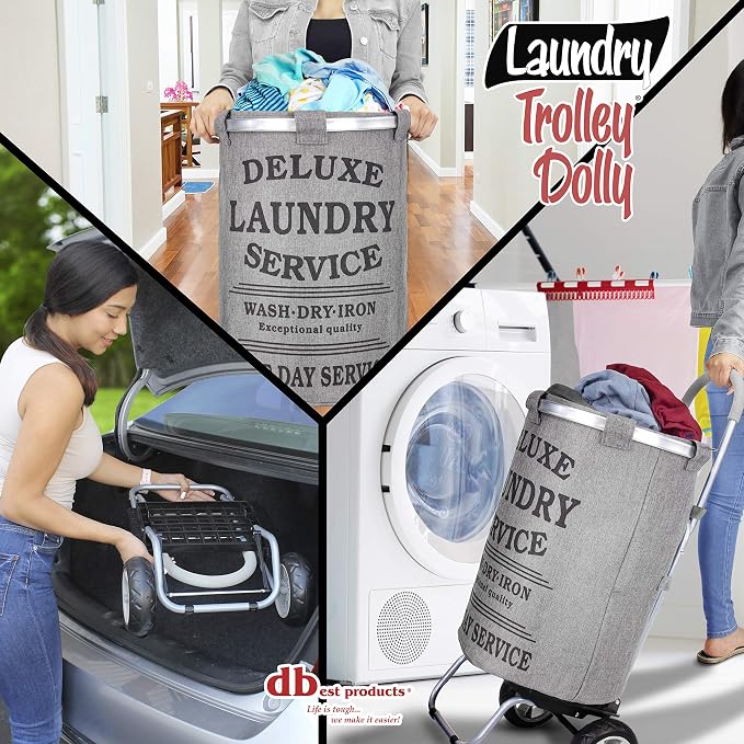 dbest products Laundry Trolley Dolly, Grey Laundry Bag Hamper Basket cart with wheels sorter - Image 2