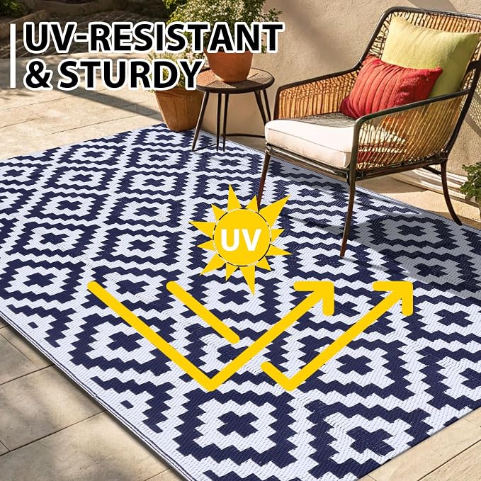 Smiry Waterproof Outdoor Rug 4x6 ft, Reversible Plastic Straw Patio Camping Rugs, Outdoor Indoor RV Mat Carpet for Patio, Outside Entry, Backyard, Deck, Bench, Picnic, Camper, White & Navy - Image 4
