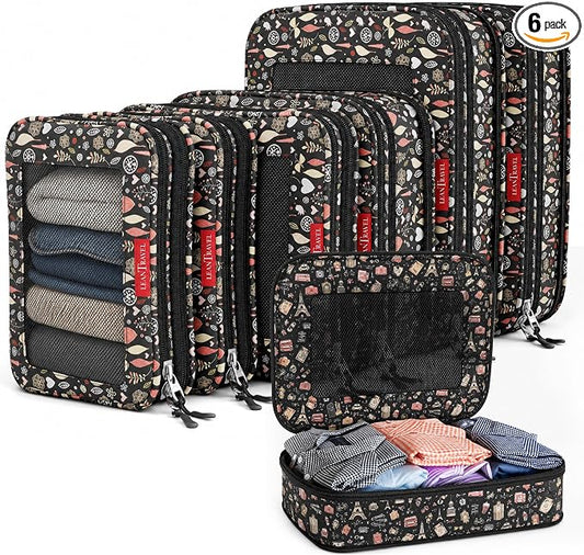 LeanTravel Premium Compression Packing Cubes for Travel - Suitcase Organizer Bags with Double Zipper & Breathable Mesh Panel - Space Saving Carry On Luggage Essentials (6-Pack, Flowers) by LeanTravel