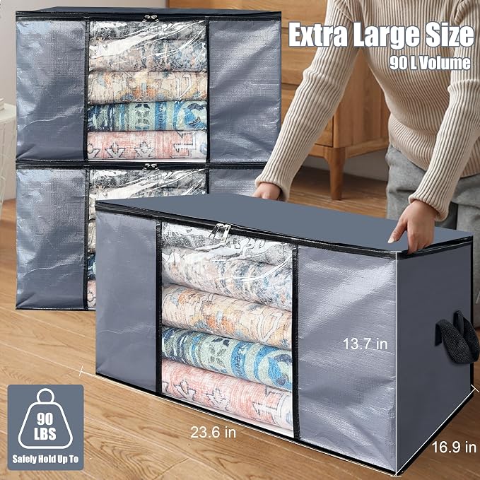 Cosy Family 12 Pack 90L Heavy Duty Extra Large Moving Bags with Reinforced Handle - Strong Handles & Zippers, Storage Totes For Space Saving, Fold Flat, Alternative to Moving Box, Grey - Image 6