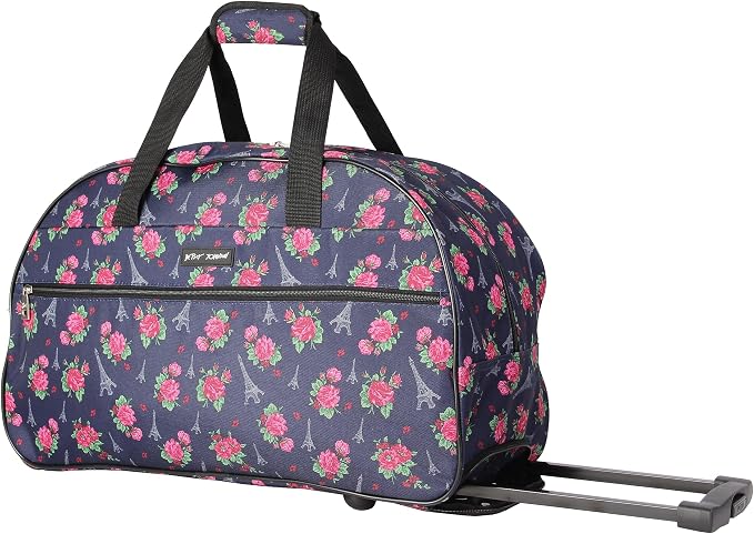Betsey Johnson Designer Carry On Luggage Collection - Lightweight Pattern 22 Inch Duffel Bag- Weekender Overnight Business Travel Suitcase with 2- Rolling Wheels (Eiffel Towers) by BETSEYJOHNSON