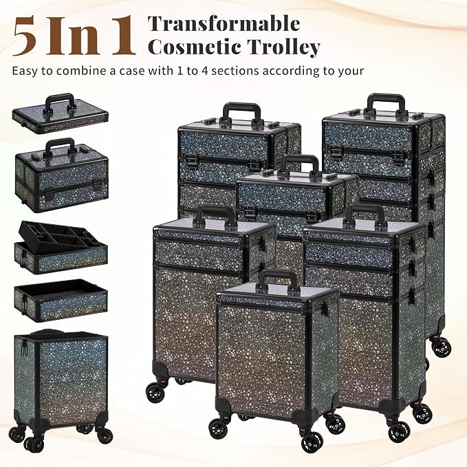 AROUS Rolling Makeup Train Case 5 in 1 Cosmetology Case on Wheels Large Cosmetic Organizer Travel Cart for Hairstylist Artist Nail Beauty Salon Barber,Black - Image 2