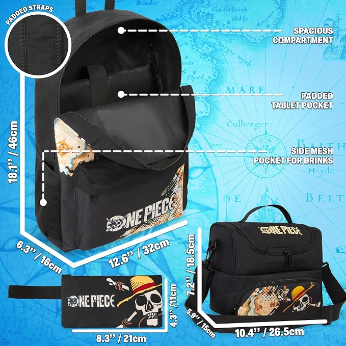 Get Trend One Piece Boys Backpack, Lunch Bag & Pencil Case, 3 Piece Set | 18in Bookbag, Adjustable Padded Straps, Lightweight Insulated Lunch Bag, Pencil Pouch, School Supplies, Anime Gifts for Boys - Image 3