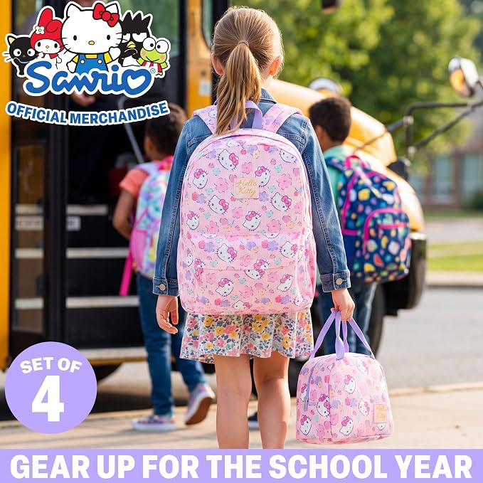 Get Trend Hello Kitty Girls Corduroy Backpack 4 Piece Set | 17 inch Bookbag with Laptop Pocket, Insulated Lunch Bag, Zipped Pencil Case & Lanyard, Back to School Kawaii Gifts for Girls - Image 2