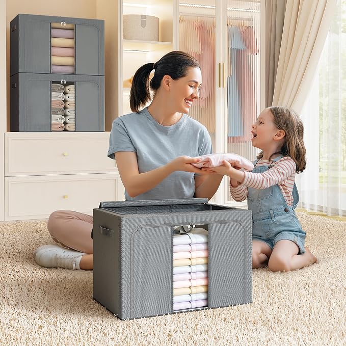 Clothes Storage Bins with Metal Frame, Foldable Clothes Organizers Storage Containers for Clothes, Sheets, Blankets, Pillows and Towels （66L, 3 Pack, Deep Grey - Image 7