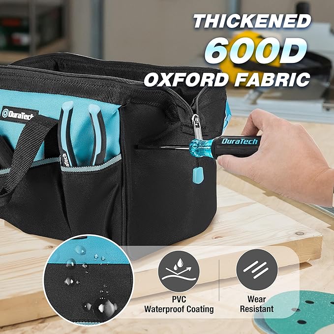 DURATECH 13" Small Tool Bag with 9 Pockets, Wide Open Tool Carrier | Thickened Fabric Construction, Multiple Storage Pockets, Tool Organization, Mechanics Electricians Plumbers HVAC Use - Image 4