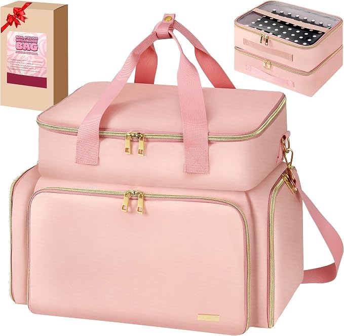 DERSTUEWE Nail Polish Organizer Case – Waterproof Travel Bag with Hard Bottom – Double Layer Nail Storage Bag with Adjustable Dividers & Nail Lamp Compartment (Pink) - Image 7
